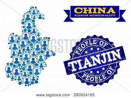 People Collage Of Blue Population Map Of Tianjin Municipality And Rubber Seal Stamp. Vector Seal Wit