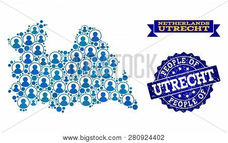 People Collage Of Blue Population Map Of Utrecht Province And Rubber Seal. Vector Seal With Unclean 