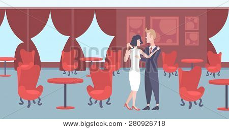 Elegant Couple Dancing Together Man Woman Lovers Modern Restaurant Interior Banqueting Luxury Hall M