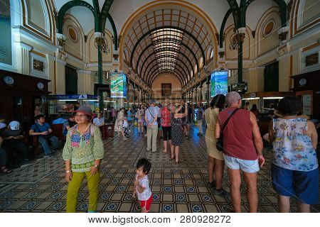 Ho Chi Minh City, Vietnam - 01, 2019: Customers And Tourists At The General Post Office. Royalty Fre