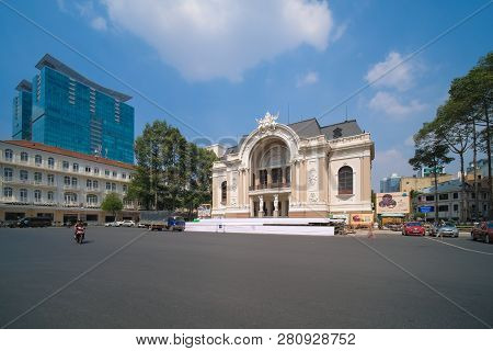 Ho Chi Minh City, Vietnam, 01 2019: Sai Gon Opera House Or Greco Roman Woman Statues Old Opera House