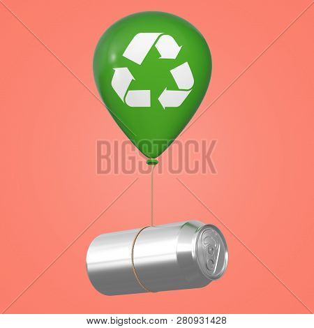 Blank Aluminum Can Floating With Green Hellium Balloon With Recycle Sign On A Pink Background. 3d Re