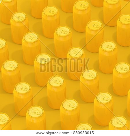Rows Of Yellow Isometric Blank Aluminum Drink Cans On A Yellow Background. 3d Rendering
