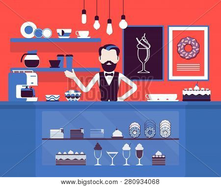 Confectionery Store, Shop With Sweet Assortment, Man Sells Sugary Food. Seller Welcoming, Display Wi