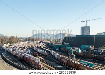 North Vancouver, Bc, Canada - Jan 13, 2019: A View Of The Trainyard And Resource Terminal In North V
