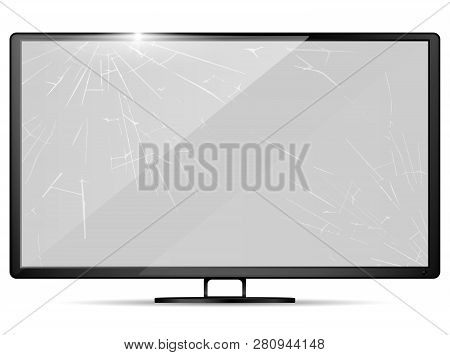 3D Realistic Broken Screen - Lcd Display With Cracks. Empty Shattered Widescreen Tv. Digital Object.