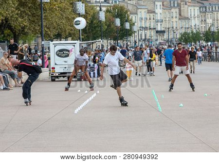Bordeaux, France - September 9, 2018: Roller Skater Performs Acrobatics In Quai Lousi Xviii In Borde