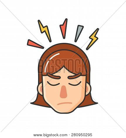 Teen Girl With Brown Hair Having Headache. Young Woman Template Image About Feeling Unwell. Colored 