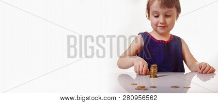 Best Motivation Is Money. Happy Business Child With Coints.  Childhood, Enrichment, Employment Conce
