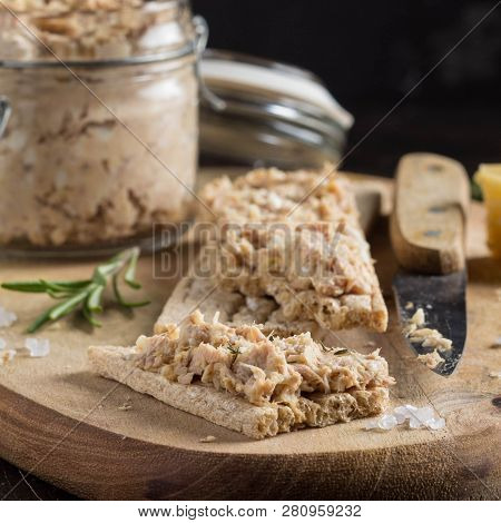 Tuna Pate With Egg, Cheese In Jar And Crispy Bread. Fish Rillette, Healthy Snack, Diet Food
