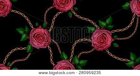 Seamless Decorative Pattern Rose Stylized Texture Of Embroidery With Golden Chains, Imitation Of Orn