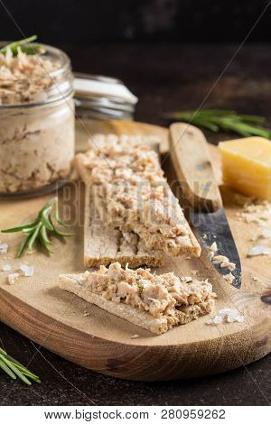 Tuna Pate With Egg, Cheese In Jar And Crispy Bread. Fish Rillette, Healthy Snack, Diet Food