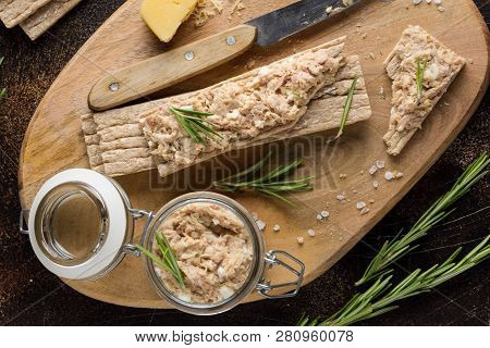 Tuna Pate With Egg, Cheese In A Jar And Crispy Bread. Fish Rillette, Healthy Snack, Diet Food