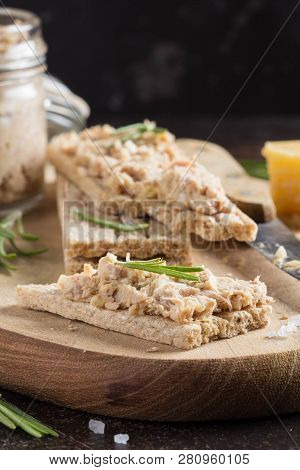 Tuna Pate With Egg, Cheese In Jar And Crispy Bread. Fish Rillette, Healthy Snack, Diet Food