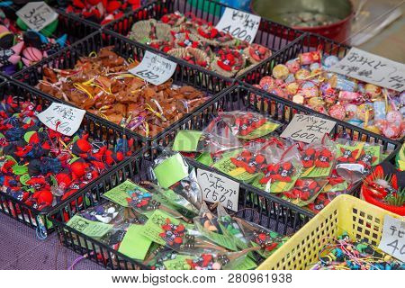 Hida-takayama, Japan - December 2018 : Japanese Mini Shop Is Selling Handmade Puppets Name Sarubobo,