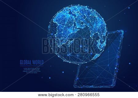 Global World. Networking Concept On Tablet Pc Screen. Vector Low Poly Wireframe In The Form Of Starr