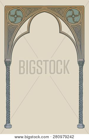 Medieval Manuscript Style Rectangular Frame. Gothic Style Pointed Arch. Vertical Orientation. Vintag