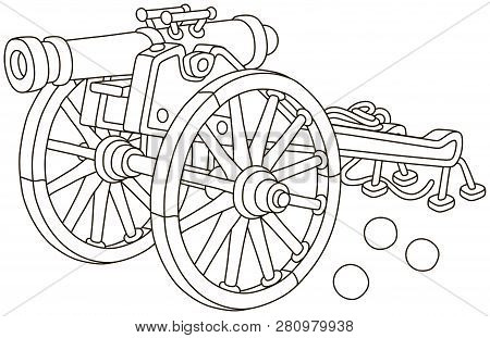 Old Pirate Gun With Cast-iron Cannonballs And Big Wooden Wheels, Black And White Vector Illustration