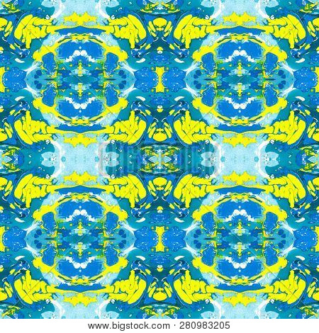 Abstract Marbling, Ebru Style Seamless Pattern, Background With Waves And Splashes Of Blue And Yello