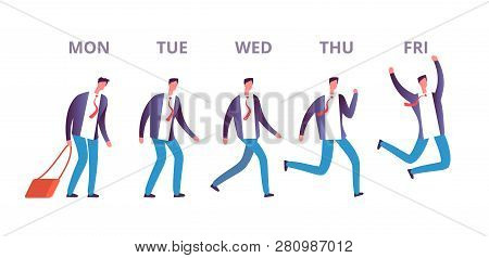 Man Friday Concept. Funny Businessman Feeling Happy Going Through Week Days To Weekend. Happy Friday