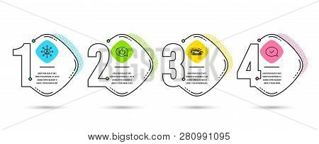 Infographic Timeline Set Of Car, Networking And Feedback Icons. Approved Message Sign. Transport, Bu