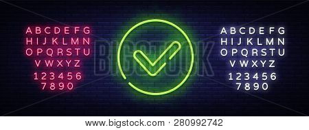 Green Check Mark Neon Sign Vector. Check List Button Neon Signboard, Design Template, Modern Trend D
