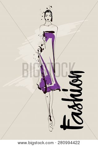 Fashion Girl Sketch. Fashion Illustration. Drawing Fashion Model