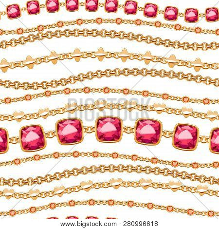 Assorted Golden Chains And Rubies On White Background Seamless Pattern. Good For Cover Card Banner L