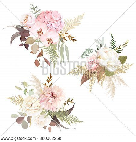 Luxurious Beige Trendy Vector Design Floral Bouquets. Pastel Pink Rose, Creamy Peony, Blush Hydrange