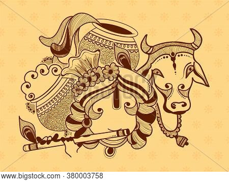 Illustration Of Lord Krishna, Cow And Dahi Handi Celebration In Happy Janmashtami Festival Of India.