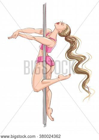 Pole Dance. Postures For Pole Dancing. A Blonde Girl In A Pink Tracksuit On A White Background. Stoc