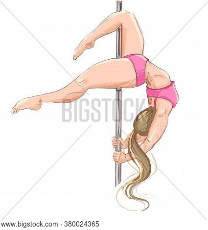 Pole Dance. Postures For Pole Dancing. A Blonde Girl In A Pink Tracksuit On A White Background. Stoc