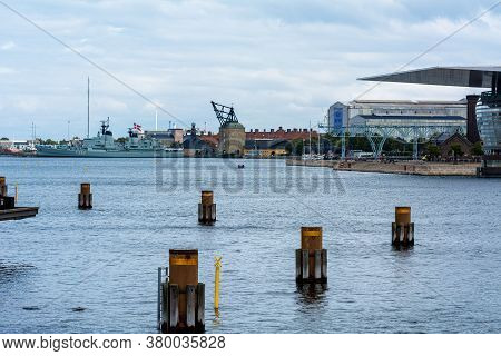Copenhagen, Denmark - August 2, 2020: The War Museum With The Frigate Hdms Peder Skram. The Opera Ho