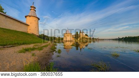 July Evening On The Velikaya River. Pskov Kremlin, Russia
