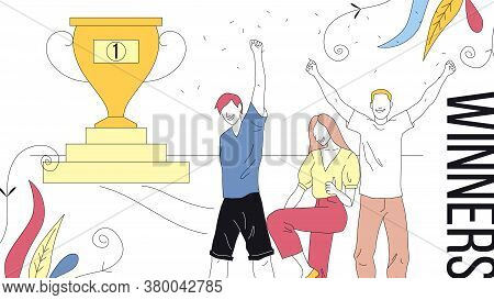 Competitions And Games Concept. Three Winners Standing Afore Of A Large Golden Cup. Males And Female