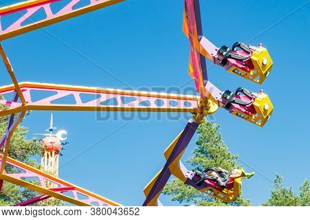 Kouvola, Finland - 14 July 2020: Extreme Ride Endeavour In Motion In Amusement Park Tykkimaki