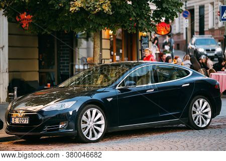 Vilnius, Lithuania - September 29, 2017: Tesla Model S Car In Motion On Street. The Tesla Model S Is