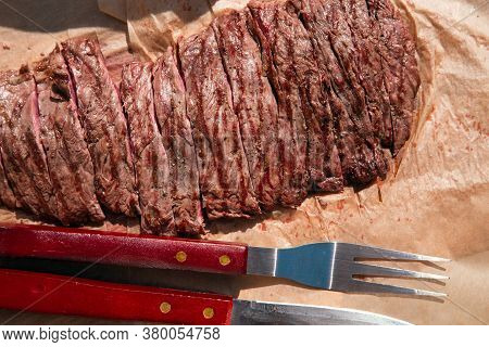 Traditional Barbecue Steak Sliced Close-up Beef Bavette Ready To Eat,