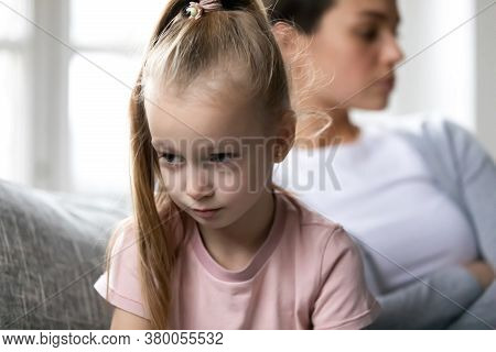 Offended Little Blonde Child Girl Feeling Stressed After Quarrel.
