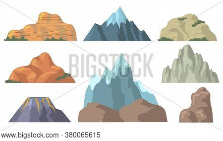 Various Mountain Peaks Flat Icon Set. Cartoon Shapes Of Rocky Hill, Snowy Promontory Top, Rock, Volc