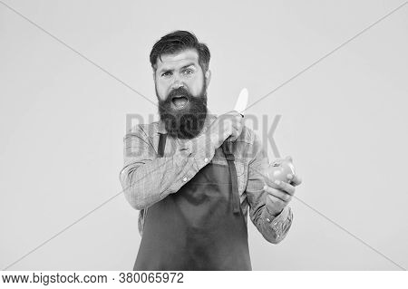 Mature Man Hold Knife And Vegetable. Chef Prepares Meal. Safe Cutting. Cutting Veggies. Ultimate Lis