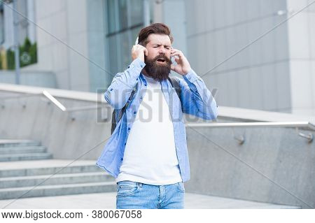Cause The Streets Are Singing. Happy Hipster Sing Song Urban Outdoors. Bearded Man Enjoy Singing In 
