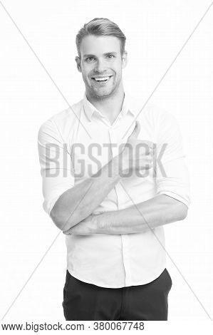 Best Promotion. Happy Guy Give Thumbs Up Isolated On White. Promoting Product Or Service. Promoting 