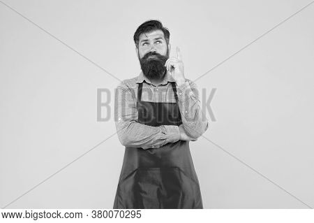 Hipster In Apron Thinking About Recipes. Easy To Cook Recipes. Unique Healthy Recipes. Plan Weekly M