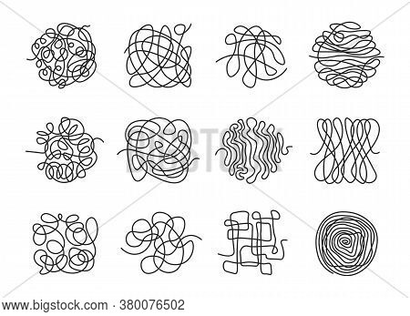 Different Thin Scribble Lines Icon Set. Black Doodle Knots, Complicated Tangles And Swirling Wires I