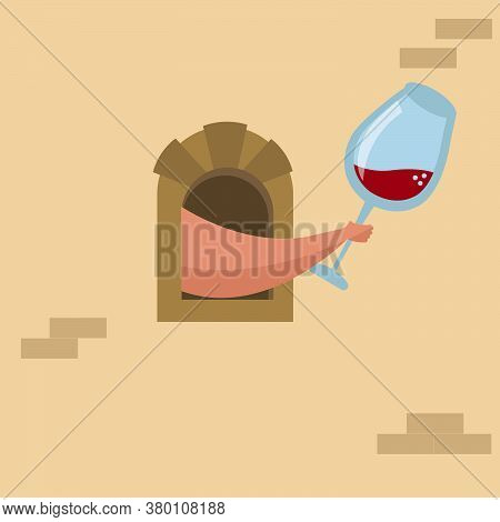 An Illustration Of A Hand Giving A Glass Of Wine Through A Medieval Wine Window. Quarantine In Italy