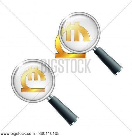 Golden Georgian Lari Currency Sign With Magnifying Glass.