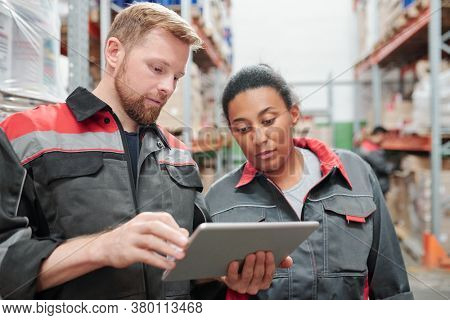 Young bearded engineer or worker of warehouse using tablet while showing his mixed-race female colleague list of new goods
