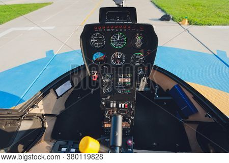 Helicopter Dashboard Close Up. Helicopter Robinson R44 Inside The Cockpit View.