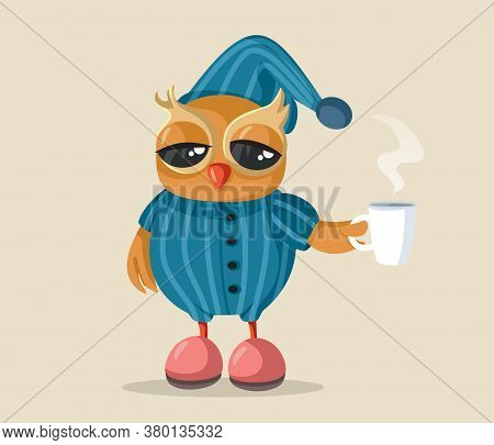 Sleepy Owl Wearing Pajamas Holding Coffee Mug Vector Cartoon